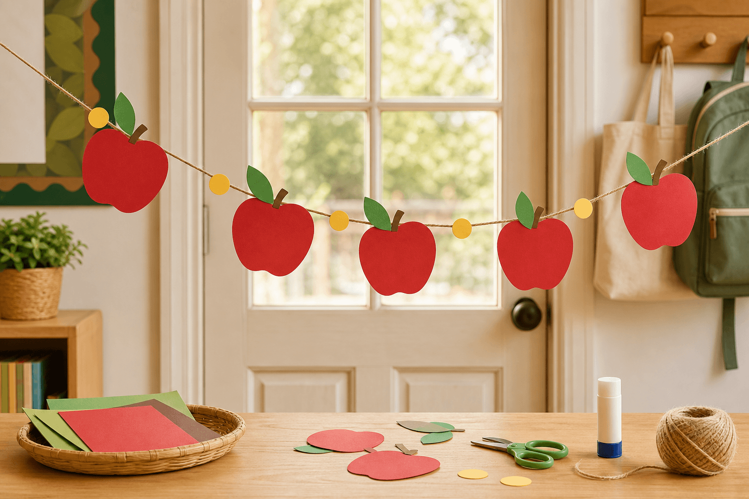 Paper apple garland for a classroom door Red paper apple garland across a classroom door