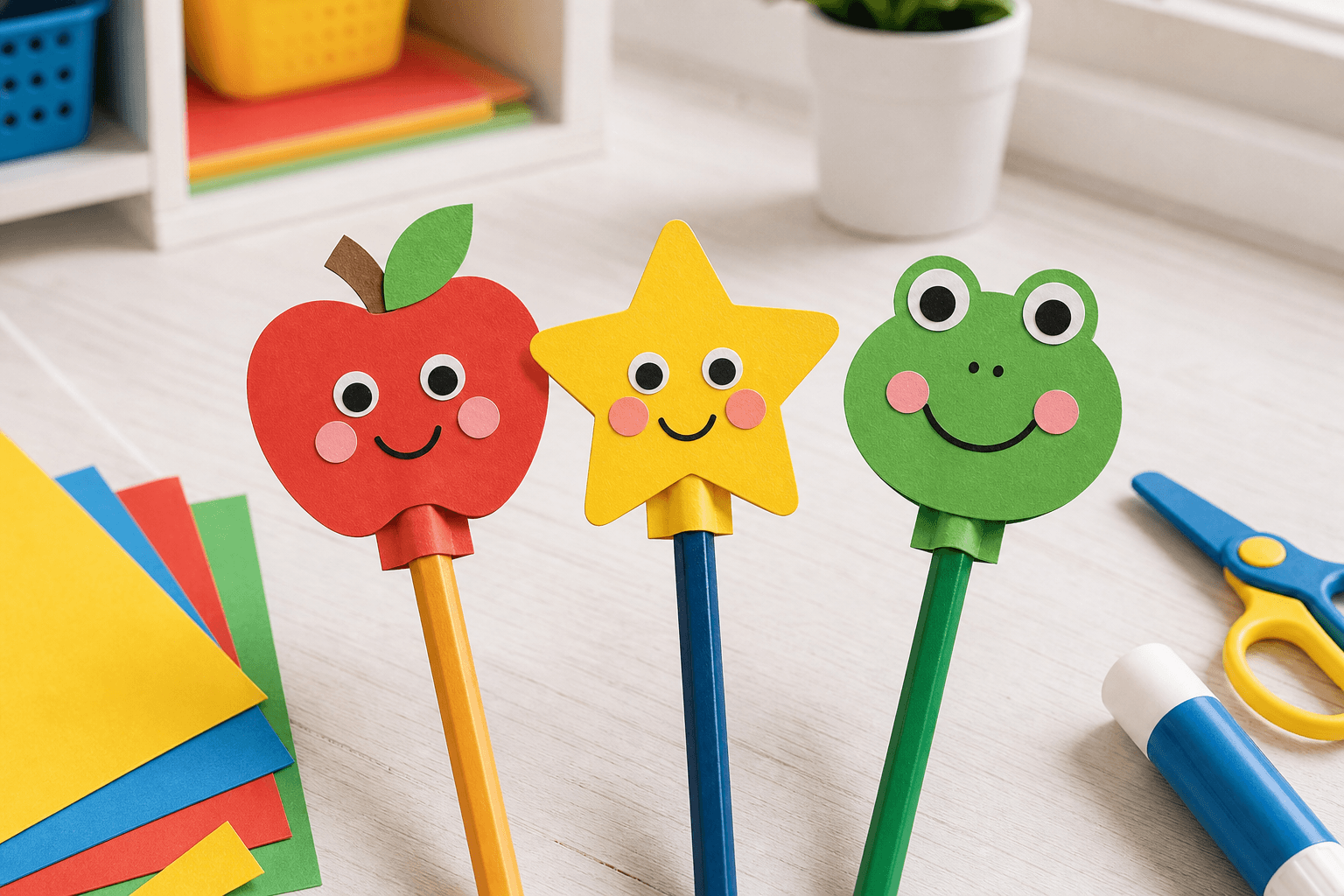 Colorful handmade paper pencil toppers on pencils