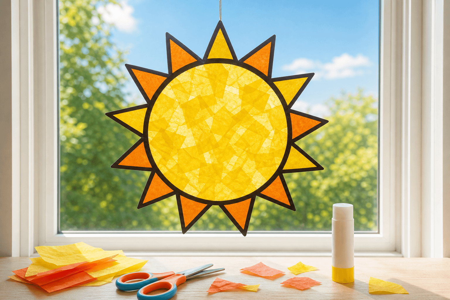 Handmade tissue-paper sun suncatcher in a window