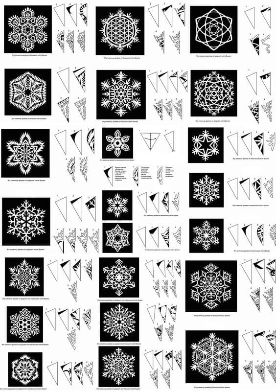 A lot of schemes how to cut a beautiful paper snowflake