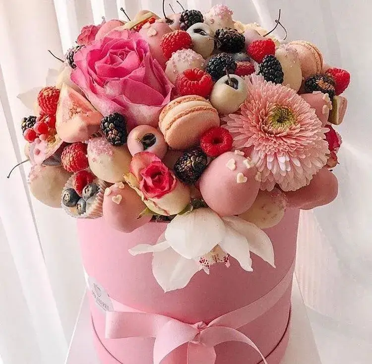 Candy bouquet with flowers and fruits