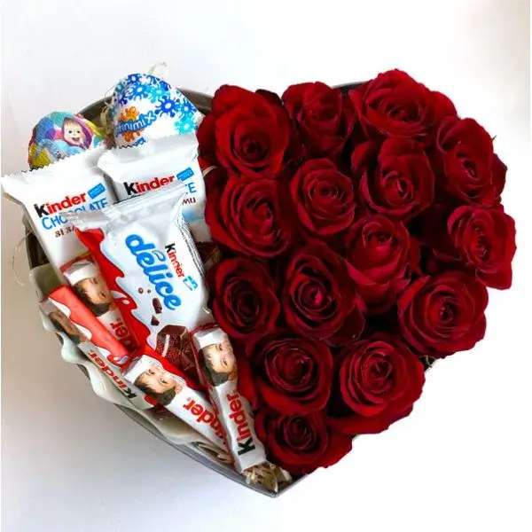 Candy bouquet with fresh flowers